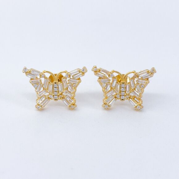 Vintage FZN Sterling Silver 925 Gold Tone Cubic Zirconia Butterfly Stud Earrings - Picture 2 of 6